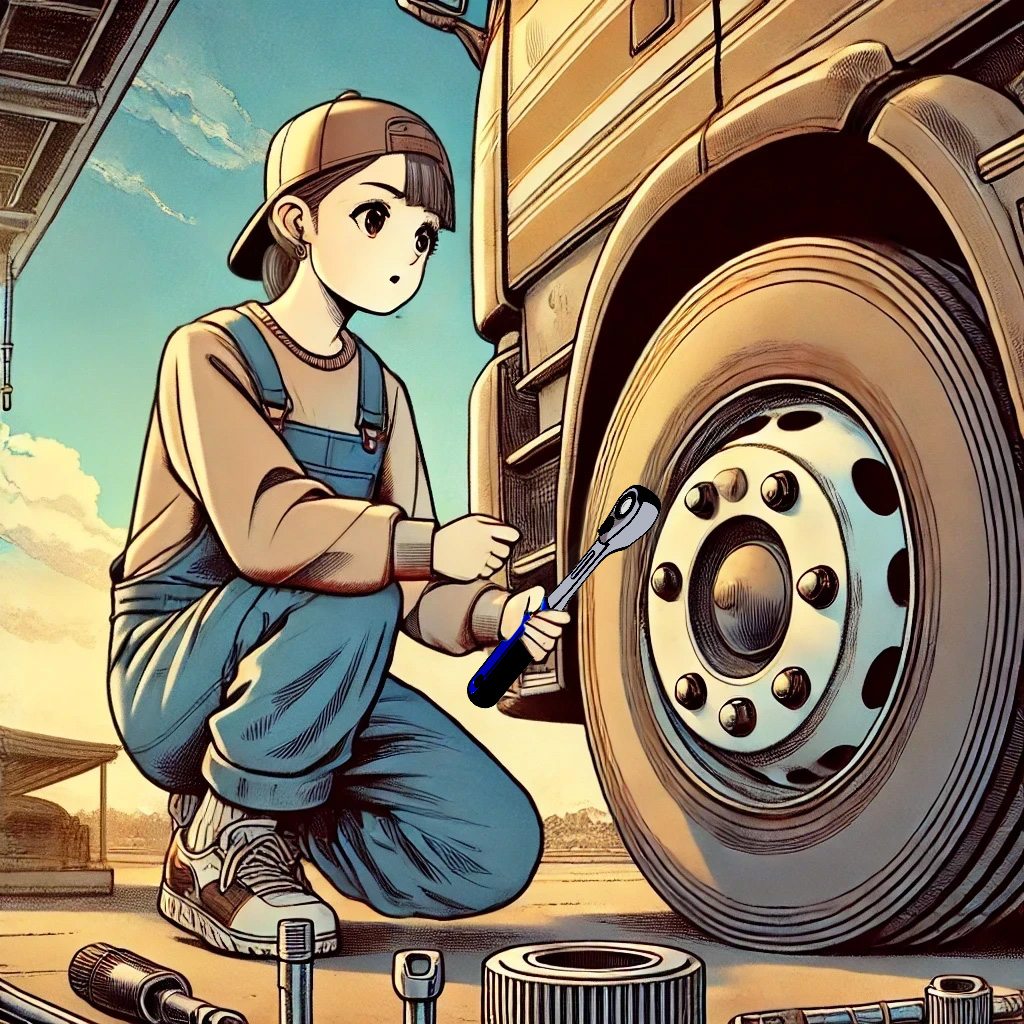 girl repairing tire
